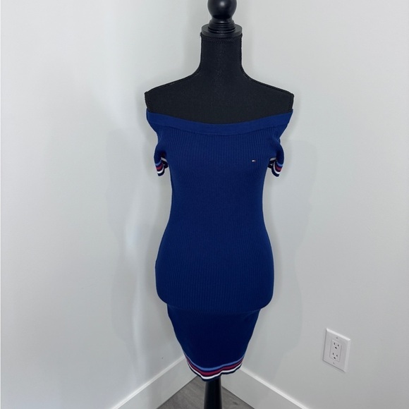 Tommy Hilfiger Denim Blue Off Shoulder Stretchy Bodycon Dress (M) - Picture 2 of 11